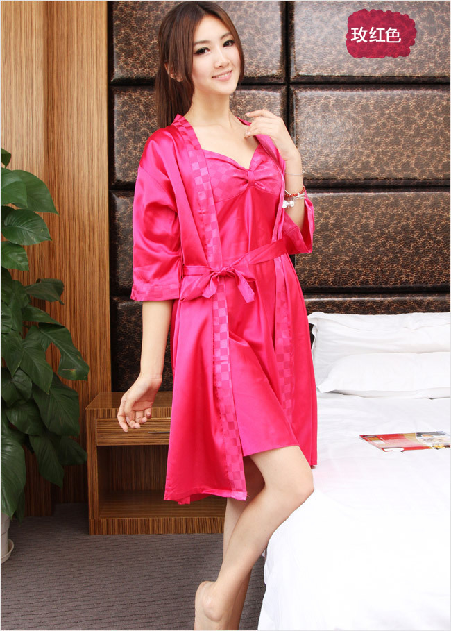 Free shipping 3/4 Sleeve Skirt 2 pieces set Sexy Nightwear  V -neck Gown Imitated silk Sleepwear Wholesale Retail multicolor