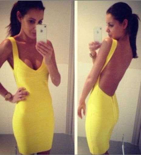 Free Shipping!3013 Outlet Yellow Backless HL Bandage Celebrity Sexy Deed V Strap Dress HL094