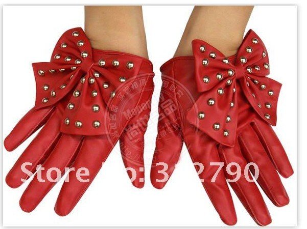 Free shipping 30pairs/lot New wholesale women fashion faux leather gloves with rivet bowknot PU gloves