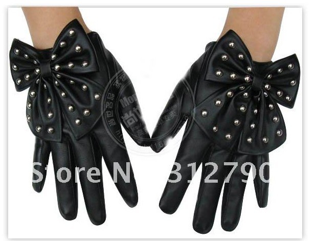 Free shipping 30pairs/lot New wholesale women fashion faux leather gloves with rivet bowknot PU gloves gift