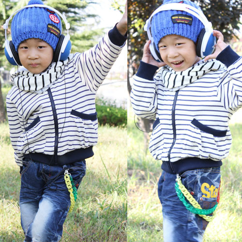 Free shipping 3308s-4 children's clothing 2012 winter blue stripe hooded sweatshirt thickening 5pcs/lot kid dress wholesale