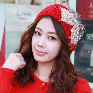 free shipping 3331 autumn pearl bow knitted cap handmade the preparation of pocket hat