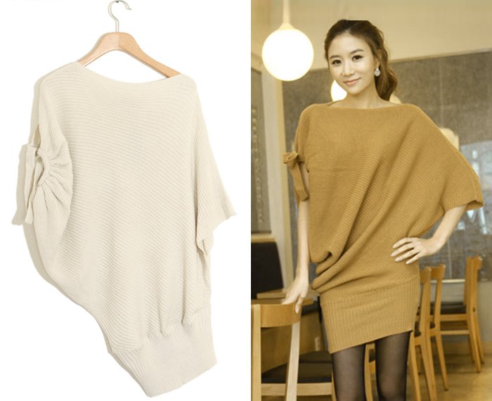 Free Shipping 3506  slit neckline irregular short-sleeve sweater batwing sleeve slim hip sweater dress MY