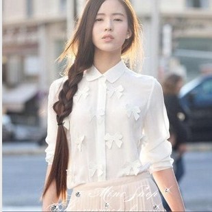 Free Shipping 3D embroidery bow o-neck long-sleeve white silk shirt Fashion Elegant ladies' Blouse Flower Decoration 121002#9
