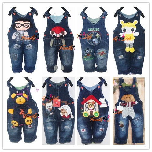 Free shipping! 3pcs/lot baby unisex jeans adorable baby pants strap cartoon pants overalls