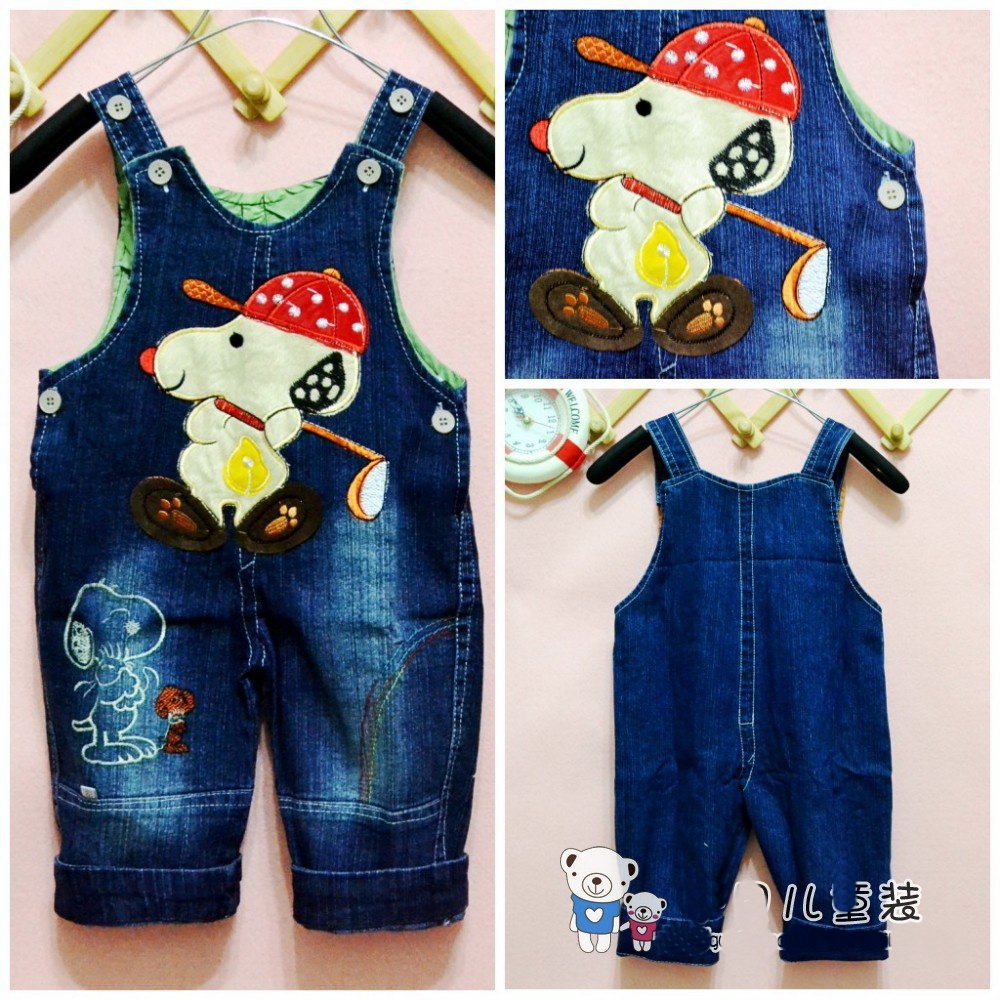 Free shipping 3pcs/lot children clothes boy / girl jeans overalls trousers cartoon pattern red hat