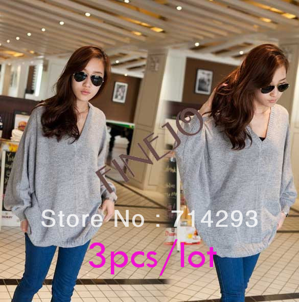 Free shipping 3pcs/lot Fashion Women's V-Neck Batwing Sleeve Sweater Loose Warm Sweaters Top Gray 6700