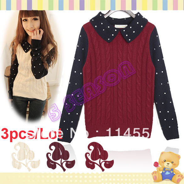 Free Shipping 3pcs/Lot Korean Women Fashion Doll Collar Long Sleeve Dots Pattern Sweater Blouse Tops 10194