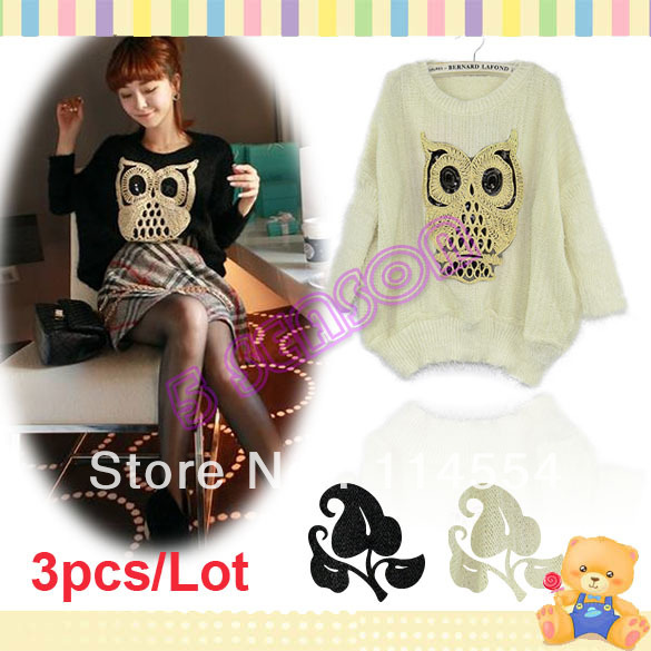 Free Shipping 3pcs/Lot Korean Women Fashion Loose Round Collar Long Sleeve Owl Pattern Sweater Blouse Tops 10193