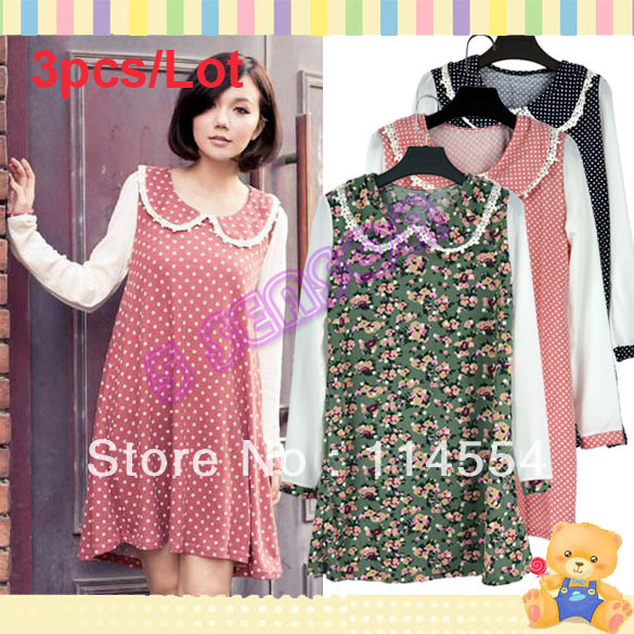 Free Shipping 3pcs/Lot New Cute Korean Women's Long Sleeve Lace Doll Collar Dress Shirt Casual Summer Vintage 11165