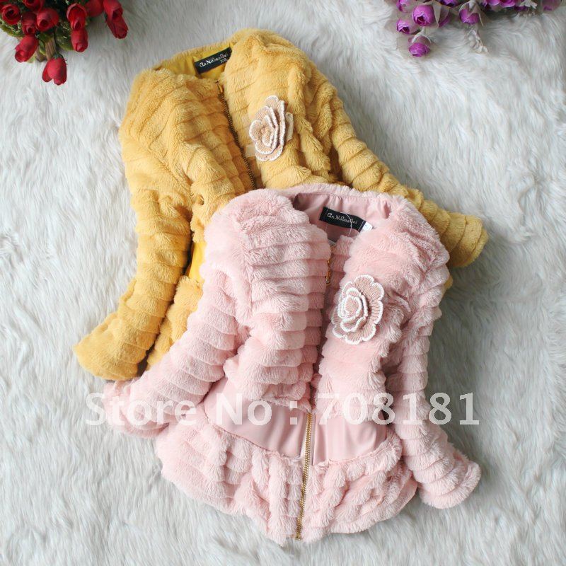 Free shipping 3pcs/lot Winter children's clothing Baby girls' coat jackets flower plush fleece coats thick jacket pink yellow
