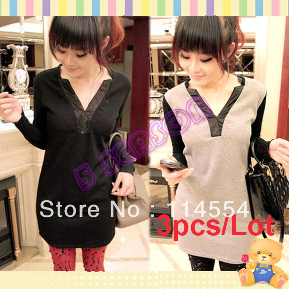 Free Shipping 3pcs/Lot Women's Korean V-Neck Long Sleeve Thicken Bottoming Splicing Leather Mini Dress 10059