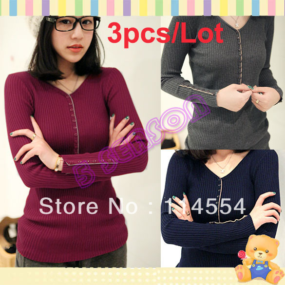 Free Shipping 3pcs/Lot Women's Slim Long Sleeve Thread Bottoming Shirt Knitted Sweater T-shirt 6 Colors 11030