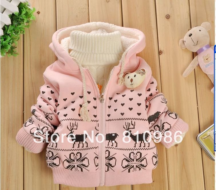 Free shipping 3pcs wholesale 2012 girl high quality cute deer print coat kids winter hooded warm clothes children fleece outfit