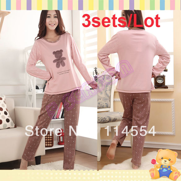 Free Shipping 3sets/Lot Women's Cute Cartoon Bear Dot Design Long Sleeve Cotton Home Wear Pajamas Sleepwear 11177