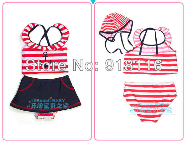 Free Shipping 4 pcs Childs Stripe Halter Tankini Skirt Bikini Kid Swimwear Swimming Cap Girls Swimsuits Dress Wholesale (2909)