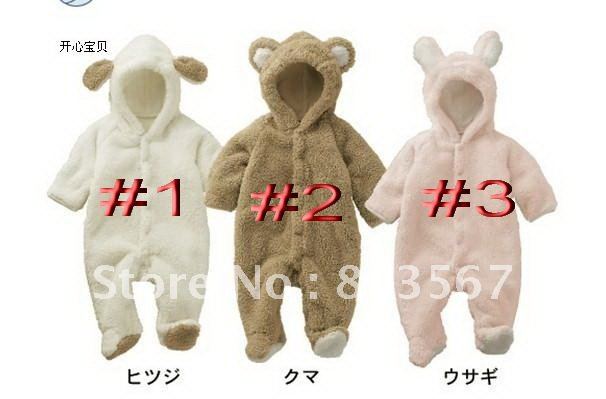 Free shipping 4 pcs/lot velvet baby coat Hooded 3 animal designs romper, infant clothes winter clothes