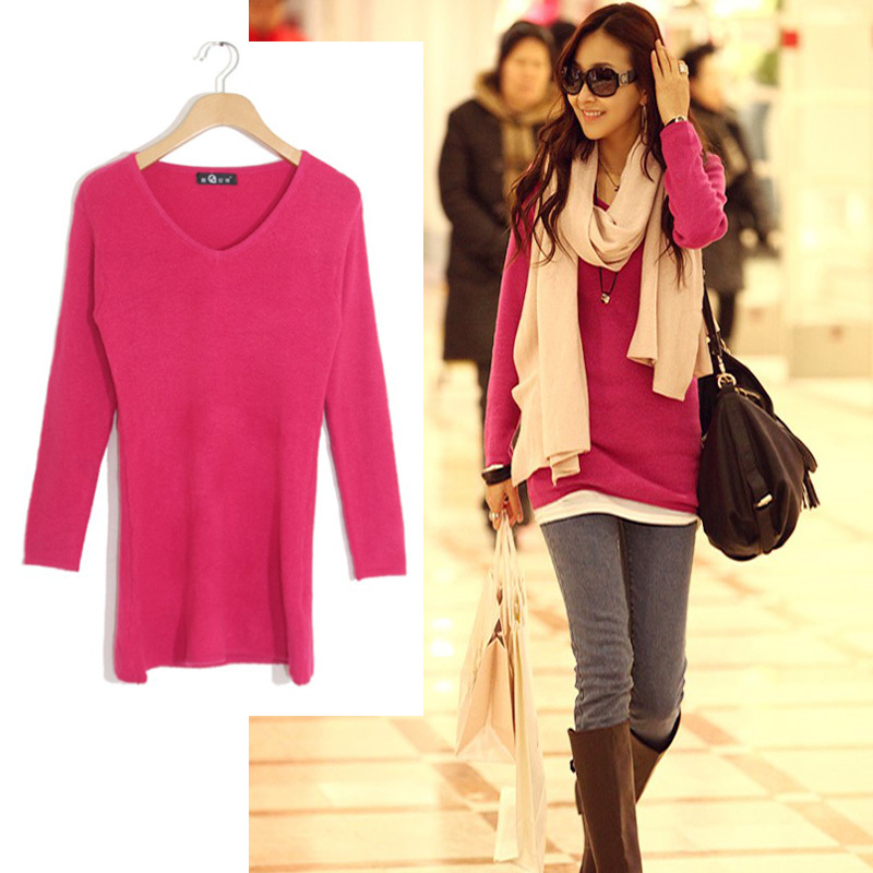 Free Shipping 41008 fashion autumn and winter solid color V-neck slim all-match knitted pullover sweater shirt MY