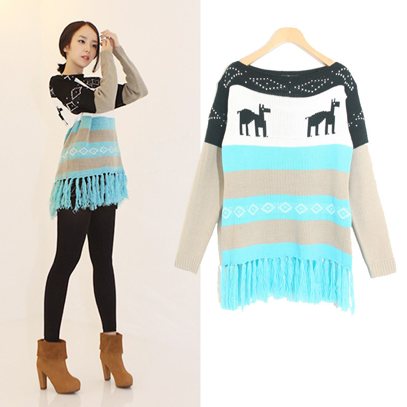 Free Shipping 41010 fashion onta stripe color block decoration tassel all-match sweater shirt outerwear MY