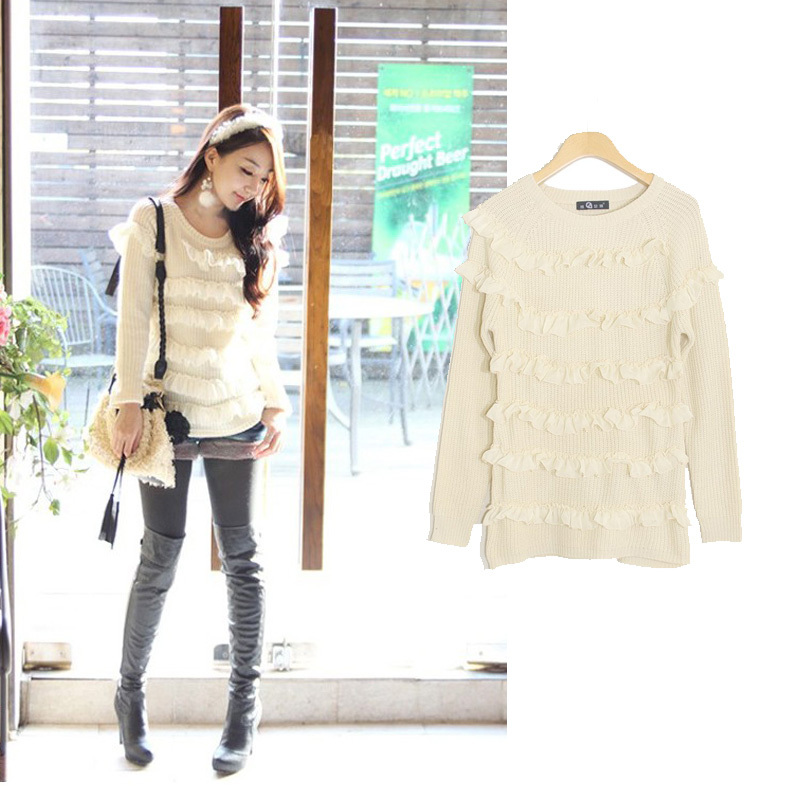 Free Shipping 41012 fashion solid color multi-layer ruffle o-neck all-match knitted sweater shirt MY