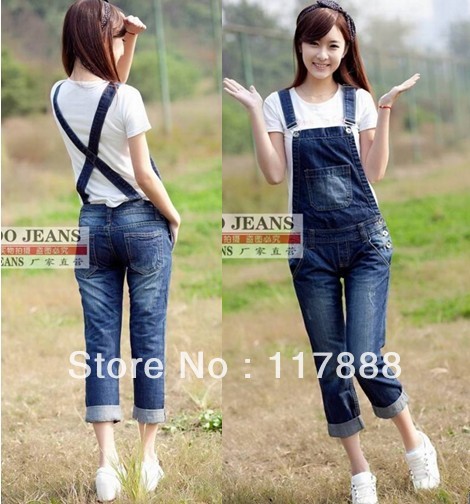 free shipping 47558 casual all-match loose denim suspenders trousers