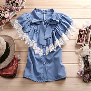 Free shipping- 4colors Summer women's fashion lace ruffle collar short-sleeve slim chiffon shirts sweet young ladies' blouses