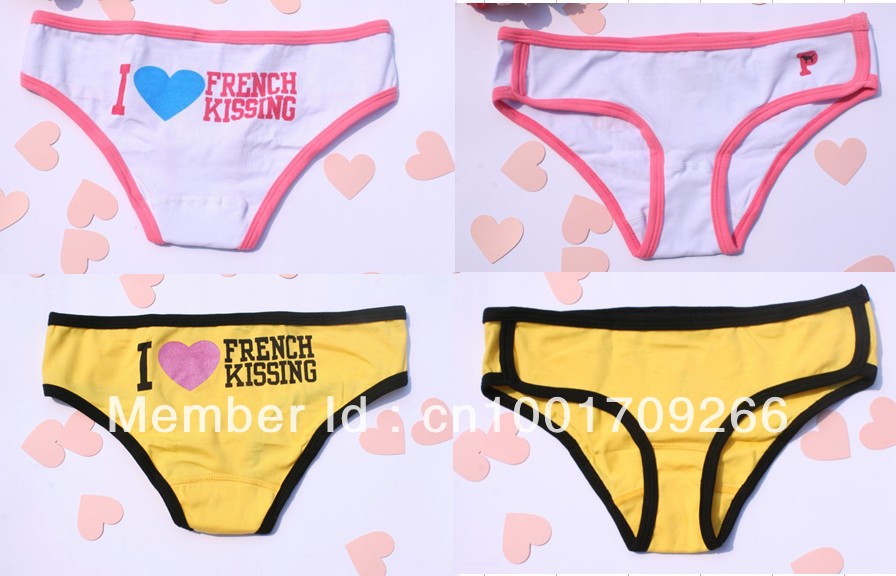 Free Shipping 4pcs/Lot Cotton Ladies Panties with Letters "I Love French Kissing"  Two Colors   HD6801