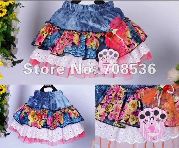 Free shipping 4pcs/lot  Floral print  Baby Denim skirt  / Little Girl  flower skirt With nets yarn  bowknot