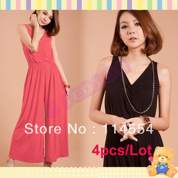 Free Shipping 4pcs/Lot Korea Women's Sexy Deep V-Neck Sleeveless Ruching Jumpsuit 2 Colors 11016