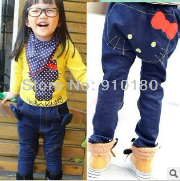 Free shipping 4pcs/lot spring and autumn girls hello kitty jeans long pants kids casual skinny trousers