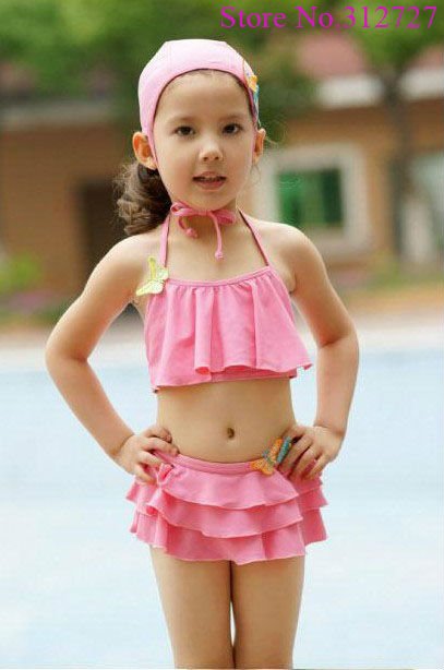 free shipping 4sets Kid's /girls' pink swimwear with butterfly separate suit thin strap mini skirt Hot Sell!