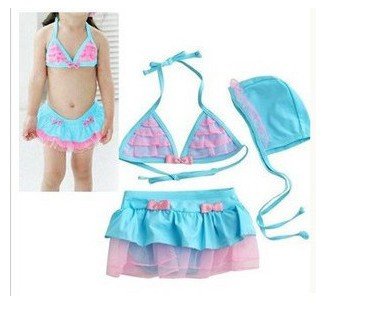 free shipping! 4sets/lot baby girl bikini swimming suit  bathing cap+bikini top+skirt  ballet style swimming suit  cotton bikini