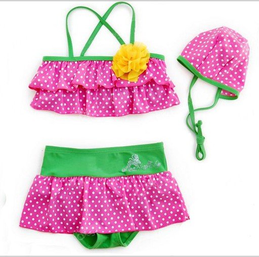 free shipping! 4sets/lot baby girl bikini swimwear  cap+bikini top+shorts  3pcs swimwear  skirt style shorts  round dot swimwear