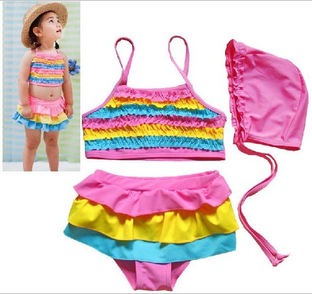 free shipping! 4sets/lot baby girl rainbow color style swimwear  cap+bikini top+skirt style shorts  baby wears  cotton swimwear