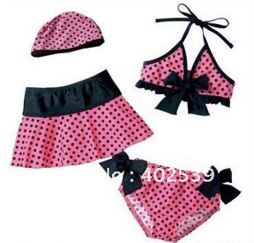 Free Shipping 4sets/lot Baby Girls' Swimsuit(4pcs),Children Swimwear,Baby Girl's Tankins,Kid Beachwear,dots with knots