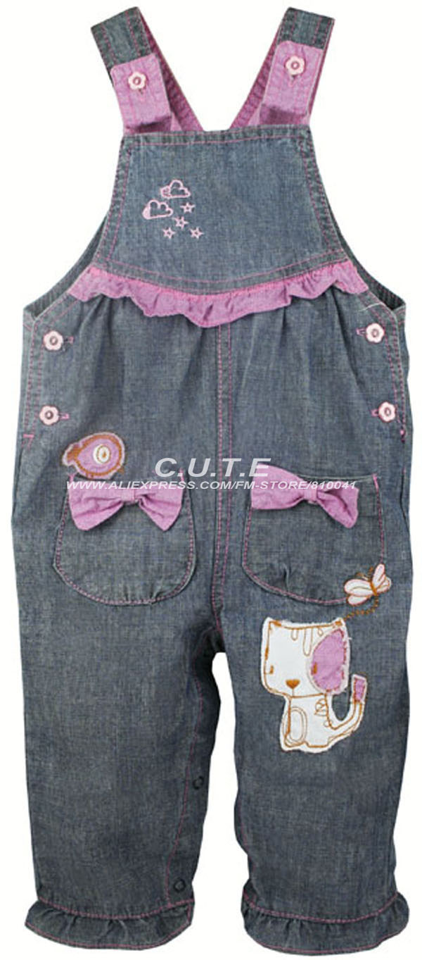 Free shipping 5 Pcs Baby Overalls Girls Cartoon Bow Pants Children Kitty Trousers Kids Fashion Lace Jeans Wear Blue1130002-BP