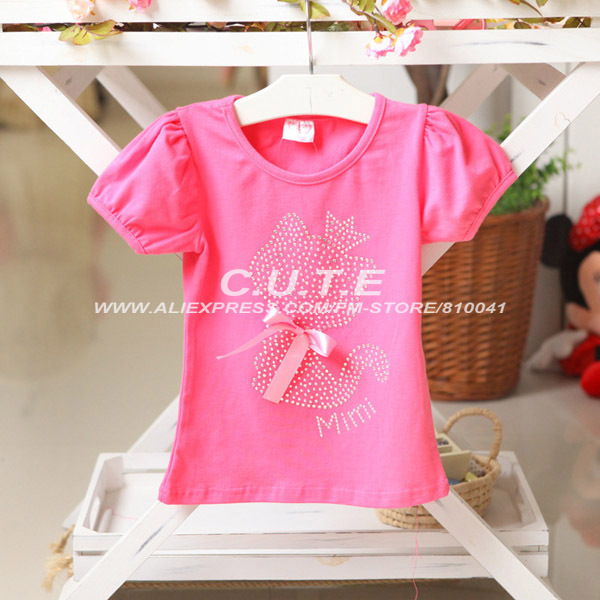 Free shipping 5 Pcs Baby Tops Girls Cartoon Cotton Blouse Children Summer T-shirt  Kids Cat Kitty Tee Red Hot pink 1119012-BD