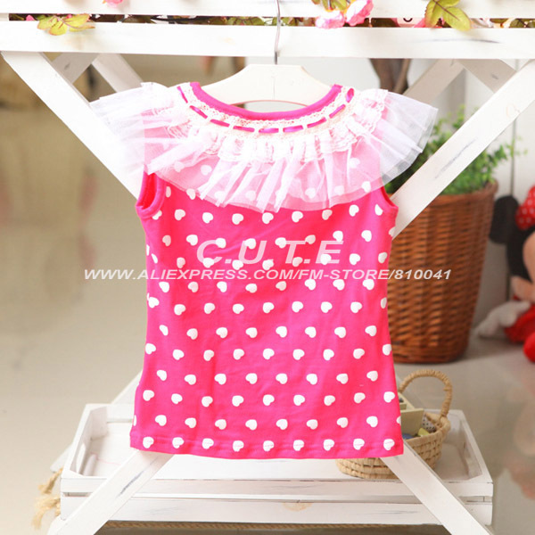 Free shipping 5 Pcs Baby Tops Girls Lace Loving Heart T-shirt Children Summer Blouse  Kids Clothes Hot Pink Purple 1119014-BD