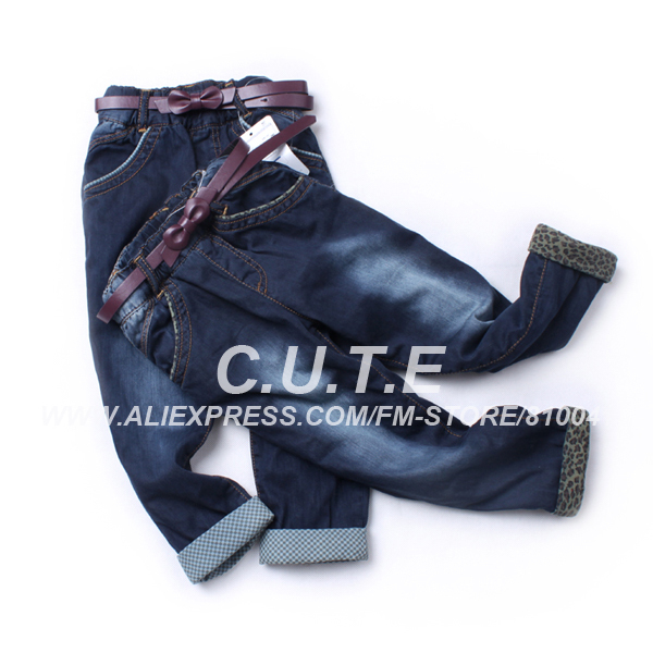 Free Shipping 5 Pcs Girls Fashion Jeans Children Checked Babies Autumn Trousers Kids Leopard Pants Blue Denim Bottom 1213009-BP