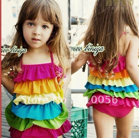 Free shipping!5 pcs lot 2012 the latest style children the swimsuit, rainbow conjoined twins swimsuit, the girl swimsuit