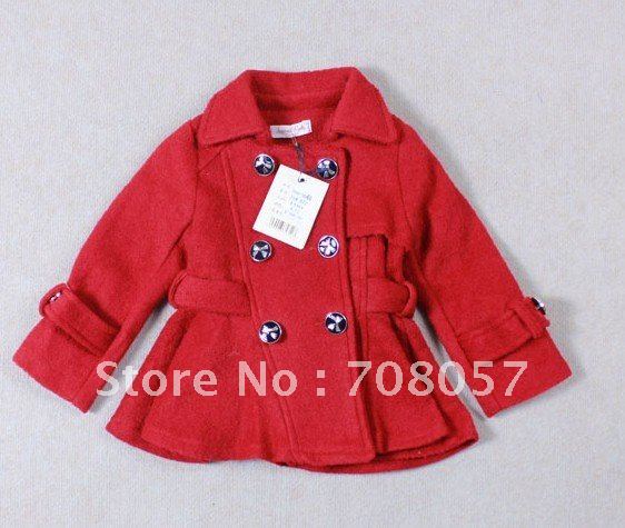 Free shipping   5 pcs/lot +2color   fashion   worsted Girls  coat, double-breasted with bow-tie girls winter jacket