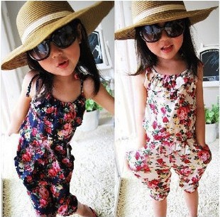 Free shipping (5 pieces/lot) 100% cotton girls' beach amorous feelings floral overalls.Navy blue and white rompers.