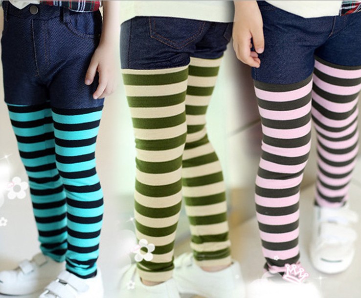 Free shipping (5 pieces/lot) Children girl jeans girl stripe splicing imitated jeans girls leggings