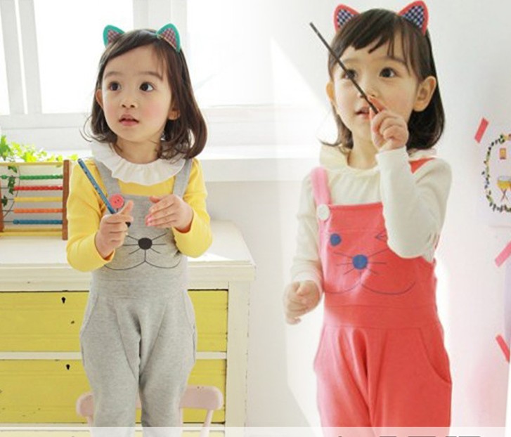 Free shipping (5 pieces/lot) Children girl Kitty Overalls girls Cat pure color suspenders Overalls