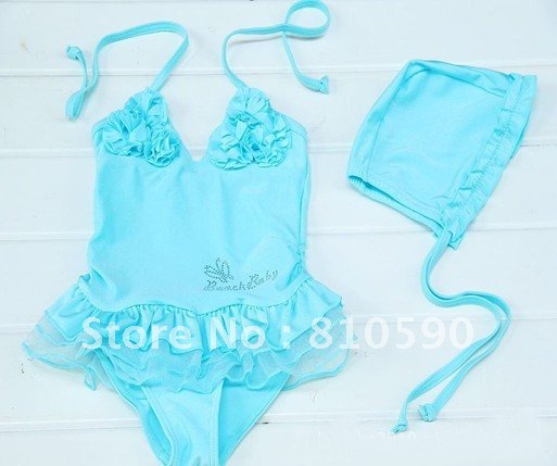 Free shipping (5 pieces/lot) Factory outlets Stylish and comfortable Blue six flower one-piece swimwear + swim cap