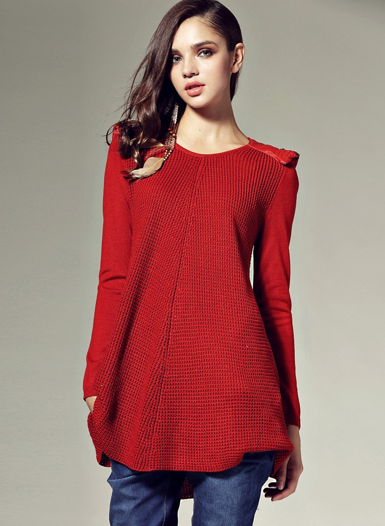 Free Shipping 50% Wool 8% Cashmere With genuine Leather in Shoulder Brand Name 2012 New Design Female Red Wool Sweater