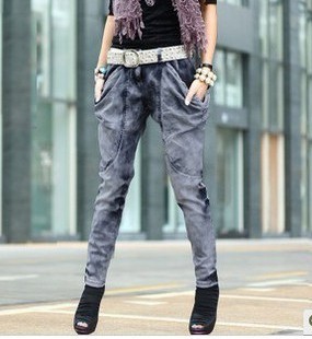 Free Shipping, 523 2013 harem pants hiphop pocket elastic denim harem pants skinny pants