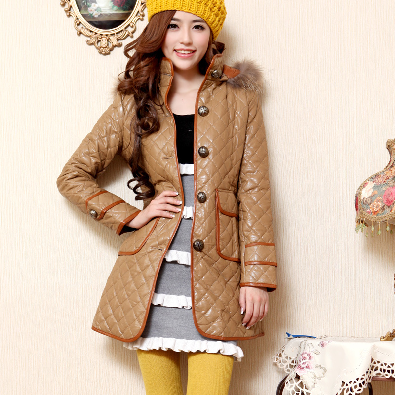 Free shipping 5311039 winter fashion fur collar long sleeve length cotton-padded leather clothing wadded jacket