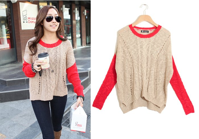 Free Shipping 5334 is twist cutout sweater pullover red sleeves colorant match sweater MY