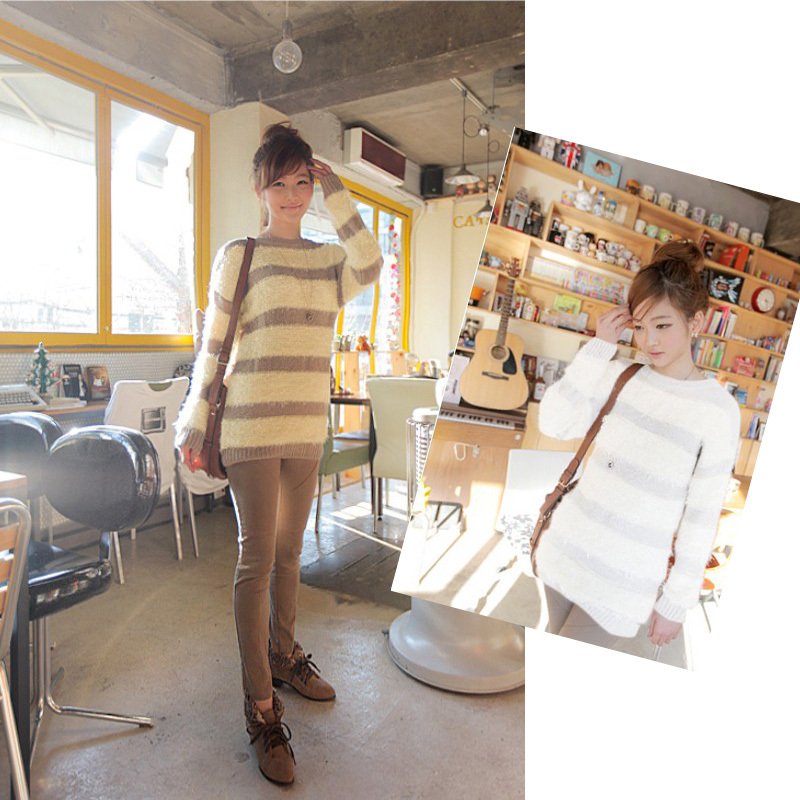 Free Shipping 5338 fashion autumn and winter pine wool patchwork stripe all-match o-neck long-sleeve sweater MY